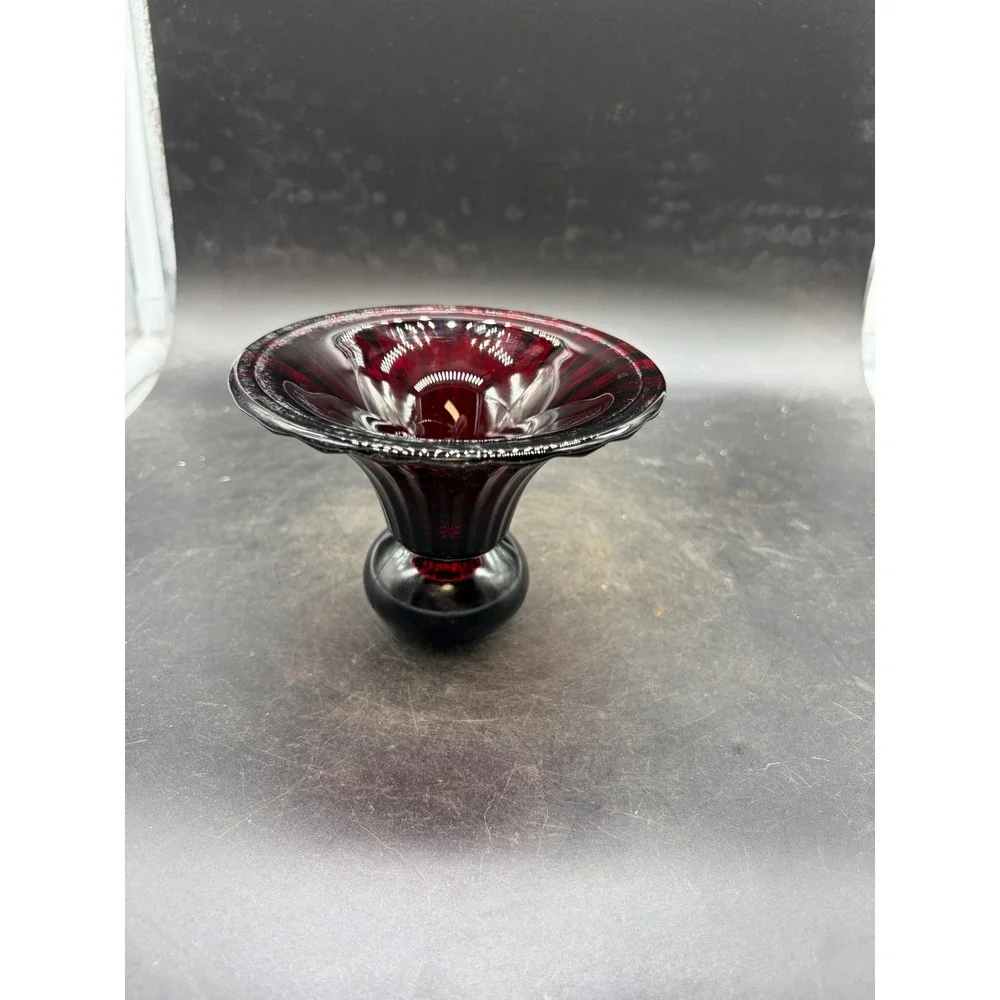 Vintage Ruby Red Glass Flared Pedestal Bowl Ribbed Centerpiece Vase